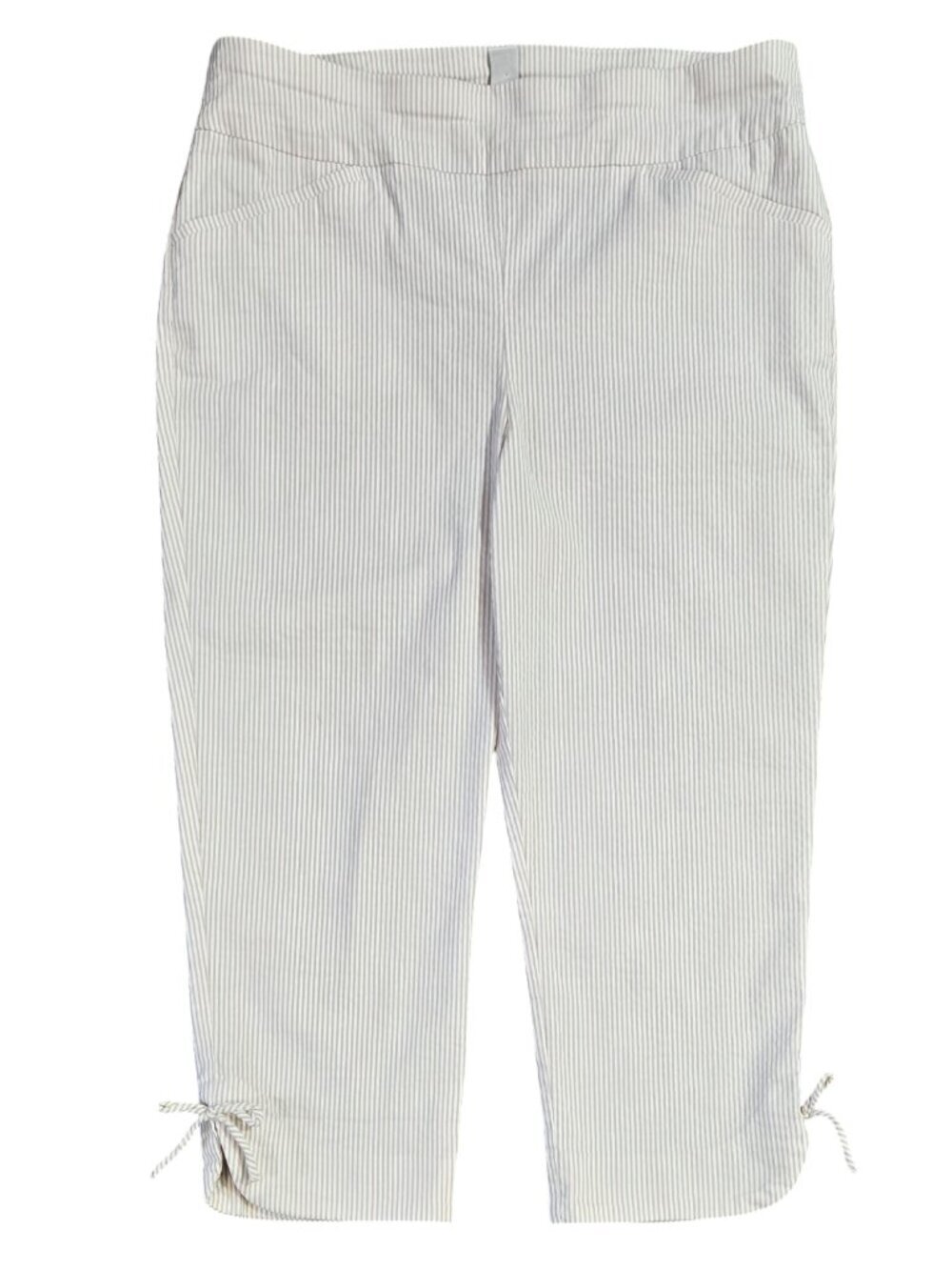Chico's Perfect Stretch White Tan Stripe Pull On Cropped Pants Tie Hems Beachy